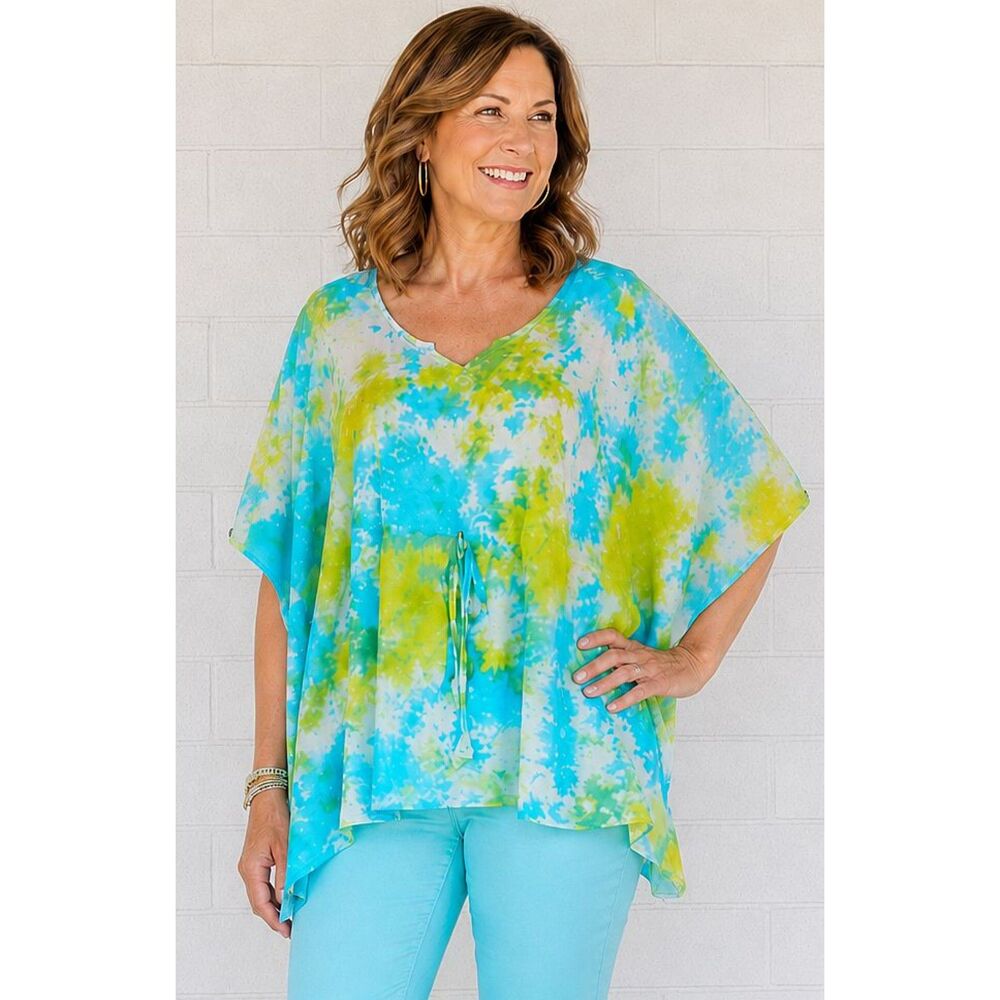 New Sacred Threads One Size Aqua Tie-Dye Pullover Rayon Kaftan Poncho Top
